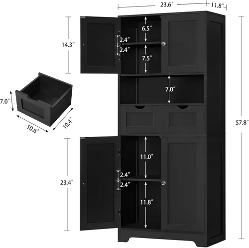 Miniatura 3 de Iwell Armario de almacenamiento de 57.8 pulgadas de alto con 2 cajones y 2 estantes ajustables, armario de cocina con 4 puertas, armario alto