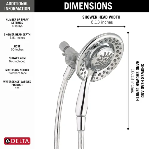 Miniatura 4 de Delta 4-Setting In2ition 2-in-1 Dual Shower Head with HandHeld Spray, Chrome Detachable Shower Head with Hose, Showerhead, 1.75 GPM Flow Rate