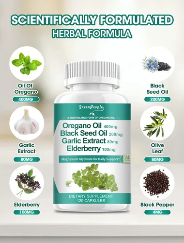 Miniatura 2 de Cápsulas de aceite de orégano orgánico, mezcla 11 en 1 con aceite de semilla negra, saúco, ajo, hoja de olivo, magnesio y pimienta negra