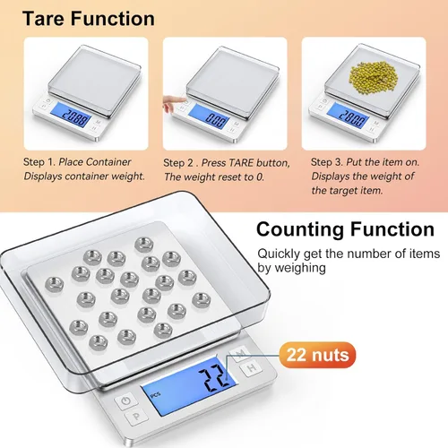 Miniatura 7 de BOMATA 0.01g Báscula digital de gramos pequeña, USB recargable, báscula de joyería mejorada de 1kg con pantalla más grande y función de retención