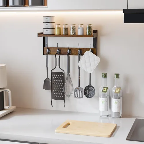 Miniatura 8 de Ganchos de pared con estante, perchero de madera con estante montado en la pared, estantes colgantes de entrada con 5 ganchos de metal para ropa