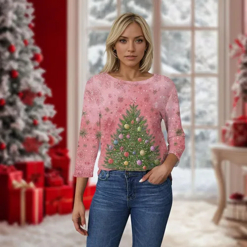 Miniatura 67 de Camisetas de manga 3/4 para mujer, cuello redondo, holgadas, casuales, con estampado floral, camisetas de moda para el trabajo de negocios