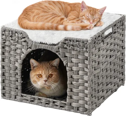 Miniatura 18 de SETVSON Camas para gatos para interiores, casa de gatitos, cubo de ratán tejido a mano, cueva para gatos, casas grandes para gatos, una alfombrilla