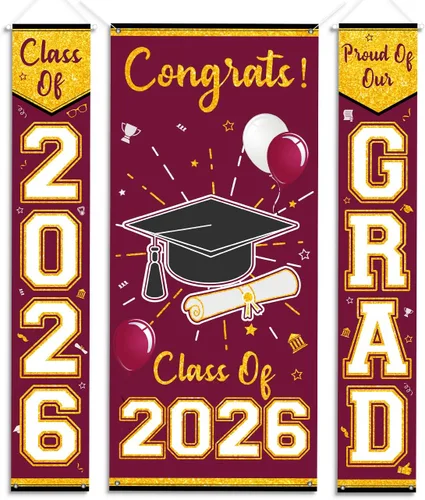 Letrero de graduación granate y dorado para porche, decoración de graduación de Calss of 2026, 3 unidades, pancarta de graduación | Cartel de