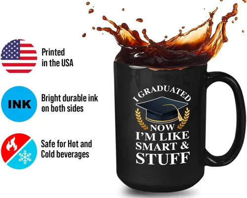 Miniatura 4 de Taza de café de graduación de 15 onzas, color negro, con texto en inglés «Now I'm Like Smart & Stuff – Chistes graduados divertidos, collage tonto