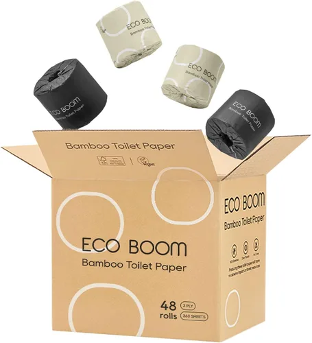 Miniatura 8 de ECO BOOM Papel higiénico de bambú sin blanquear, 100% libre de deforestación y sin plástico, 3 capas resistentes, certificado FSC, sin fragancia, 9
