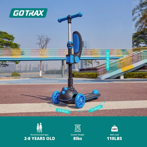 Miniatura 7 de Gotrax KS3 Pro - Monopatín plegable para niños, asiento removible con una sola llave y 3 ruedas PU extra anchas con luces, antideslizante y Azul