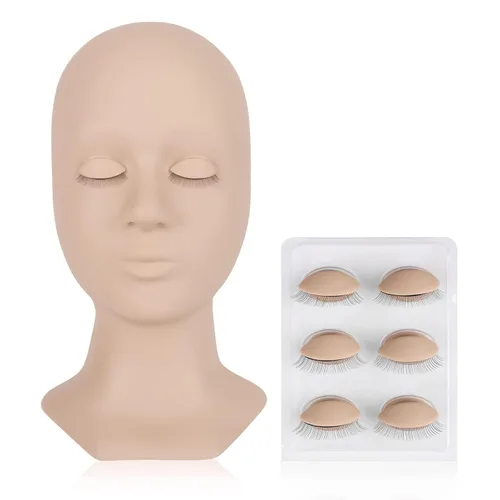 LASHVIEW Cabeza de maniquí para pestañas, con 4 pares de párpados reemplazables para práctica, goma de tacto suave para maquillaje, color de piel