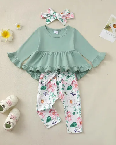 Miniatura 132 de Kucnuzki Conjunto de ropa para bebé niña pequeña, camisa de manga con volantes, pantalón floral, ropa de otoño e invierno para niña