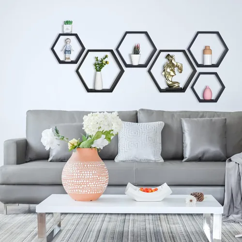 Miniatura 5 de PHOENANCEE - Estantes flotantes hexagonales, juego de 3 estantes de nido de abeja, estantes de pared de madera estilo granja para almacenamiento