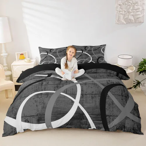 Miniatura 10 de Feelyou Juego de funda de edredón geométrica de color rojo, negro y gris, juego de ropa de cama retro con remolinos circulares a rayas circulares