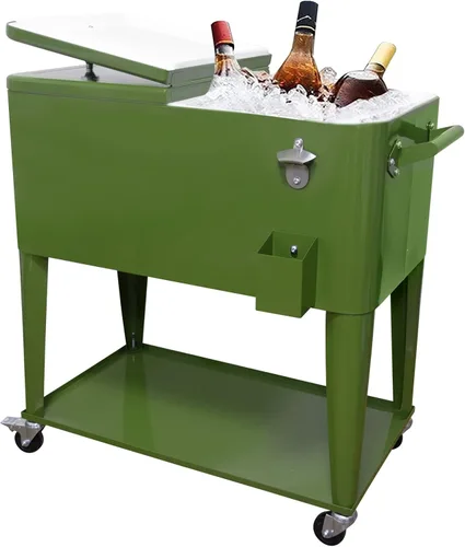 Miniatura 9 de Portable Rolling Cooler Cart 80 Quart Ice Chest Cart Trolley Rolling Cooler with Wheels, Outdoor Beverage Ice Chest for Patio with Shelf, Water Pipe