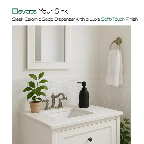 Miniatura 2 de Dispensador de jabón de cerámica negro mate, dispensador recargable de encimera de baño o cocina de 13 onzas con revestimiento de goma suave al tacto