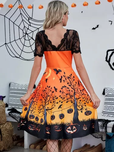 Miniatura 5 de Vestido de calabaza con mangas de encaje para mujer con cremallera lateral