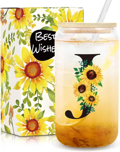 Miniatura 18 de Frerdui Regalos de cumpleaños para mujeres, vasos de vidrio con inicial con tapas y pajitas, regalo de girasol para mujeres, regalo personalizado