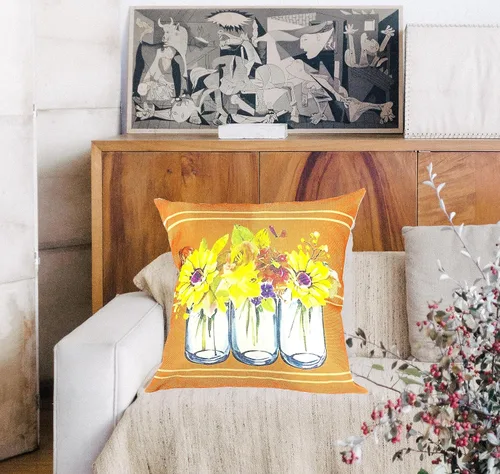 Miniatura 5 de Juego de 2 fundas de almohada florales otoñales de 18 x 18 pulgadas, fundas de cojín de rayas otoñales de granja, jarrón, fundas de almohada