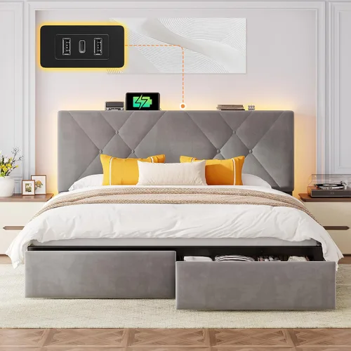 Miniatura 10 de EnHomee Marco de Cama Queen con 2 Cajones, Cabecera Tapizada con Estación de Carga, Marco de Cama de Terciopelo Acolchado y Luces LED, No Necesita
