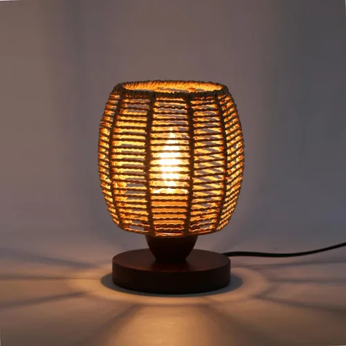 Miniatura 10 de Lámpara de mesa pequeña de ratán para dormitorio, lámpara de noche bohemia con bombilla LED cálida, lámpara de mesita de noche de mimbre tejida a