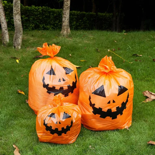Miniatura 2 de Qilery 6 bolsas de césped de hojas de Halloween, bolsas de basura de calabaza de plástico para hojas con lazos giratorios para Halloween, patio