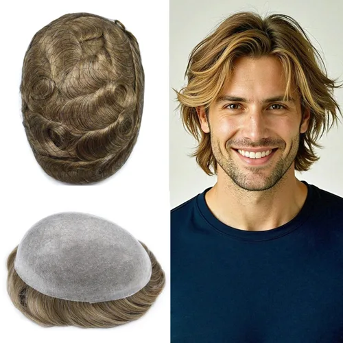 Toupee - Pieza de cabello humano real, sistema de reemplazo de cabello de piel ultrafina, piezas de cabello tipo tupé, prótesis de cabello con bucle