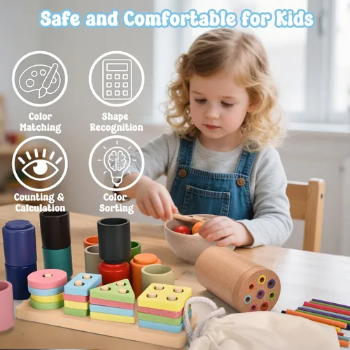 Miniatura 2 de Juguetes Montessori para niños de 1 a 3 años, juguete educativo de 3 en 1 de madera para habilidades motoras finas, juguete de clasificación