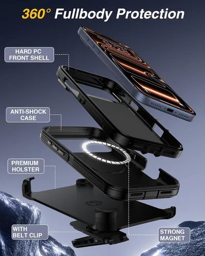 Miniatura 4 de Lanhiem Funda magnética para iPhone 17 Pro Max con funda de clip para cinturón, [compatible con Magsafe] resistente y resistente de 3 capas