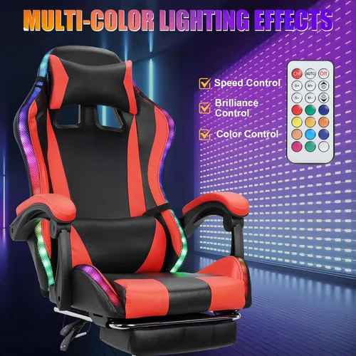 Miniatura 8 de Silla de juegos con altavoces Bluetooth y luces LED, silla ergonómica de piel sintética con reposapiés retráctil, silla giratoria de 360° con Rojo