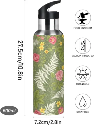Miniatura 9 de Vintage Botanical Flowers Green Stainless Steel Vacuum Insulated Water Bottle 20 Oz Leakproof Water Bottles, BPA-Free Sports Water Bottle
