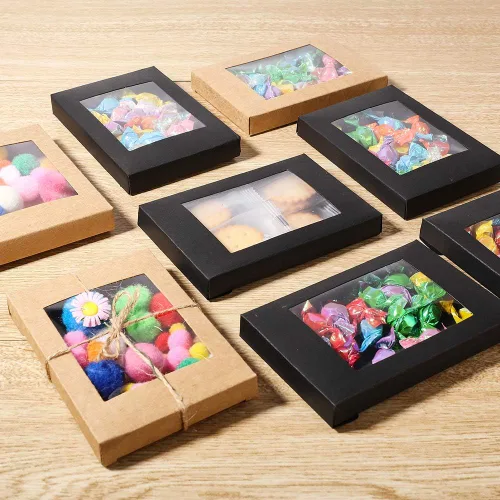 Miniatura 7 de BENECREAT Paquete de 30 cajas de papel kraft de 5 x 3 x 0.6 pulgadas con ventana de PVC transparente, caja de regalo para dulces, galletas y otras