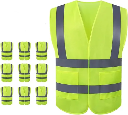 JSungo Chaleco de seguridad de alta visibilidad, paquete de 10 unidades, chaleco reflectante amarillo con tira plateada de alta visibilidad de 2