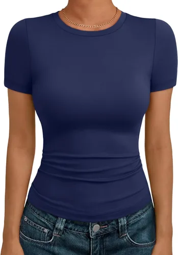 Miniatura 19 de AUTOMET - Camisetas básicas de manga corta para mujer, para verano, entrenamiento o gimnasio, con cuello redondo, ropa moderna estilo Y2K