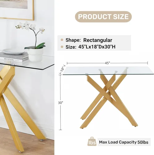 Miniatura 2 de Mesa consola moderna de patas cruzadas con vidrio templado de 0.315 pulgadas, mesa de entrada geométrica dorada para sala de estar y dormitorio, 45