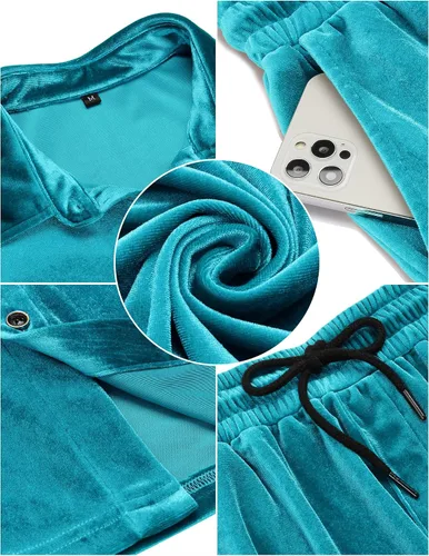 Miniatura 5 de LecGee Conjunto de pantalones cortos casuales de verano para hombre, camisa de terciopelo de manga corta con botones, pantalones cortos de cintura