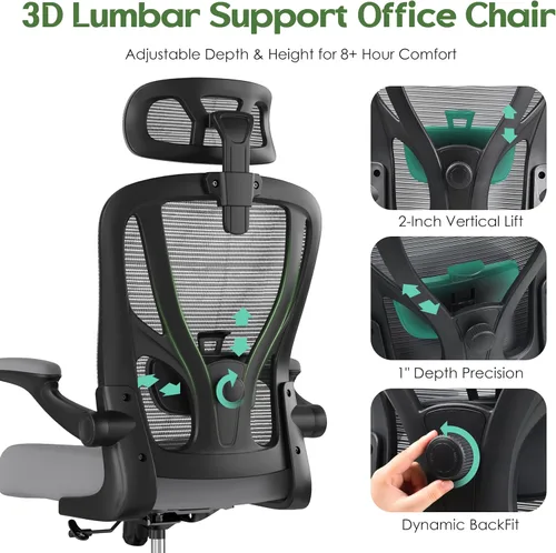 Miniatura 4 de Silla de oficina ergonómica de escritorio, silla de oficina de malla con respaldo alto con reposacabezas, ruedas, soporte lumbar, sillas de oficina