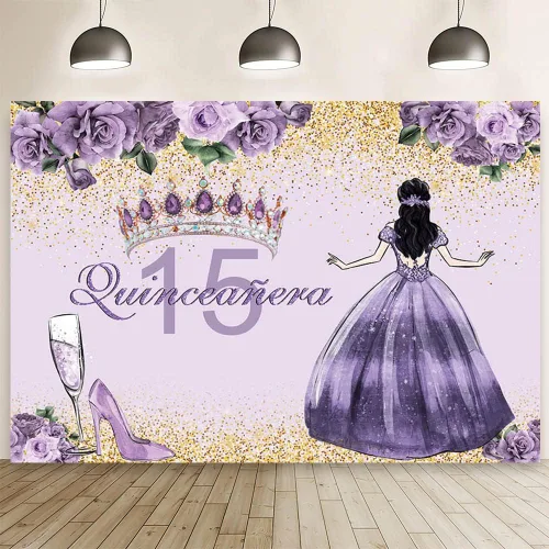 Miniatura 8 de AIBIIN Telón de fondo de quinceañera de 15 cumpleaños para niñas, fondo de fotografía rosa floral dorado con purpurina, corona de princesa, tacones
