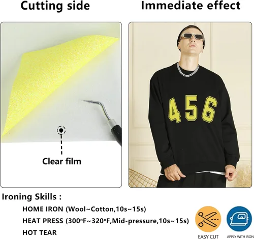 Miniatura 4 de RENLITONG - Rollos de vinilo de transferencia de calor amarillo claro con purpurina, vinilo HTV de 12 pulgadas x 8 pies para camisas, vinilo