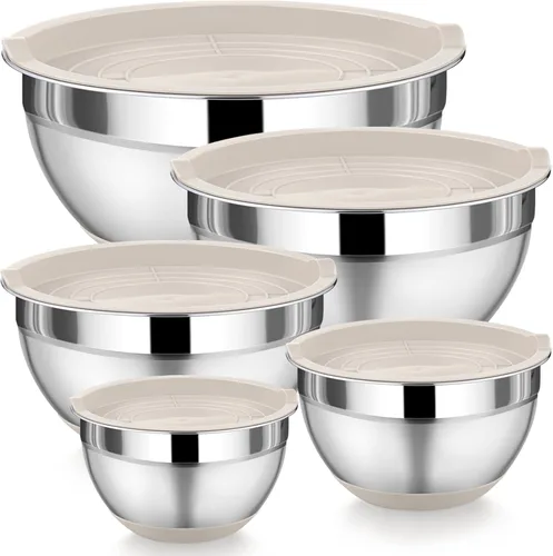 P&P CHEF Juego de 5 tazones para mezclar con tapas, de acero inoxidable, con tapa y base para mezclar antideslizante, preparar, almacenar y servir,