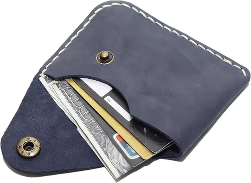 Miniatura 19 de Cartera organizadora de tarjetas de bolsillo frontal cosida a mano minimalista de cuero genuino para tarjetas, billetera con tarjetero pequeño, Negro