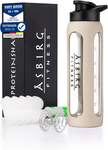 Fitness - Botella mezcladora de proteínas de vidrio de 24 onzas, sin BPA, tapa a prueba de fugas, bola mezcladora de acero inoxidable y funda de