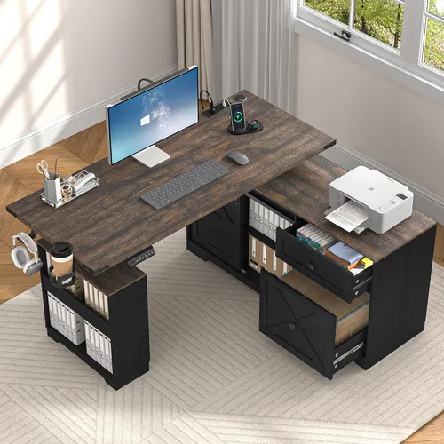 Miniatura 4 de St.Mandyu 55" Farmhouse L Shaped Electric Standing Desk with Sliding Door Storage, Height Adjustable Sit Stand Corner Computer Desk with Power