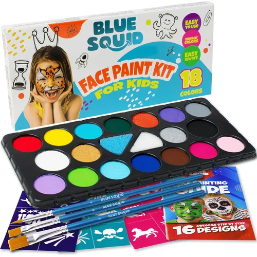 Blue Squid Kit de pintura facial para niños, 18 colores para niños, paleta de pintura facial con plantillas y tutorial guiado, activado por agua, no