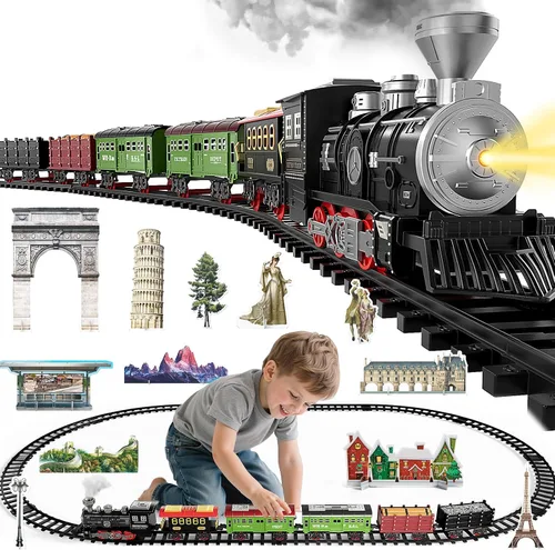 NIPLOOOW Juego de tren grande para niños de 4 a 8 años, juguete de tren eléctrico con sonido realista, luces y humo para debajo del árbol de