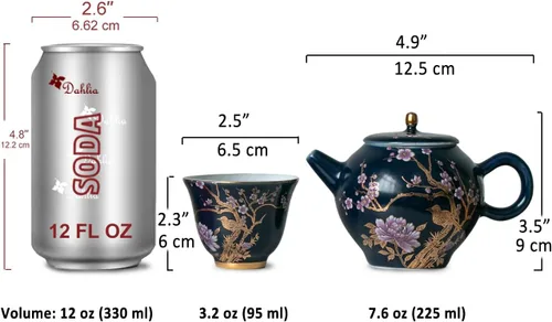 Miniatura 3 de Dahlia Juego de té de porcelana con diseño de pájaro y flores: tetera con colador integrado + 4 tazas de té en caja de regalo, azul