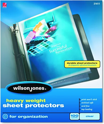 Wilson Jones Protectores de hojas, peso pesado, carga superior, transparente, 100 hojas/caja (W21411)