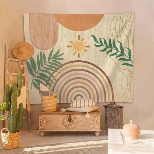 Miniatura 4 de SUOTEMEIFEI Tapiz de arte bohemio con plantas, tapiz retro con plantas, puesta de sol, paisaje, estético, abstracto, para pared, dormitorio, sala