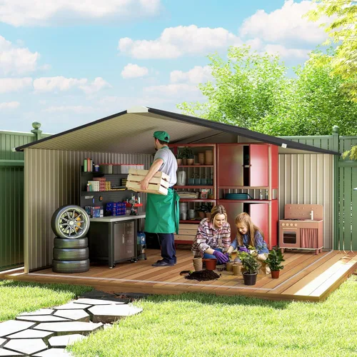 Miniatura 9 de Outsunny Cobertizo de almacenamiento exterior de 11' x 13', cobertizo de metal para herramientas de jardín con kit de cimentación, puerta con doble