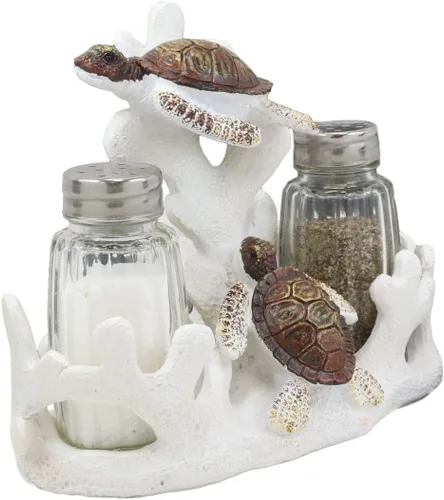 Miniatura 4 de Ebros - Juego de 2 saleros y pimenteros náuticos de arrecife de coral blanco con 2 tortugas marinas y pimenteros, escultura decorativa como centro