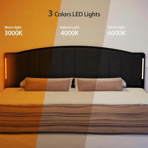 Miniatura 5 de Cabecera para cama tamaño Queen con luces LED, cabecera tapizada de canal vertical acolchonado, solo cabecero de terciopelo, marco de fijación