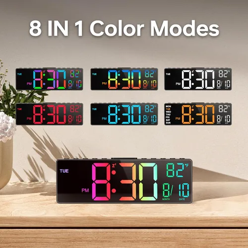 Miniatura 3 de JALL Reloj despertador digital grande de 10.5 pulgadas con 8 colores RGB, fecha, mes, temperatura LED, DST automático, reloj digital de gran