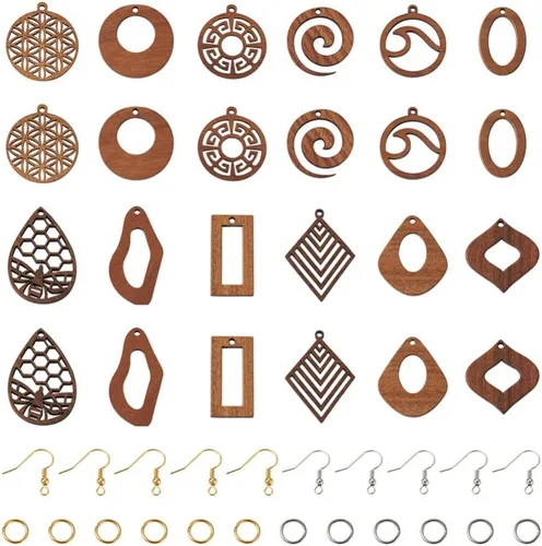 Miniatura 8 de Mega Pet Kit de fabricación de aretes colgantes de madera, 24 dijes de madera natural con 60 ganchos de latón para aretes, 60 anillos de latón